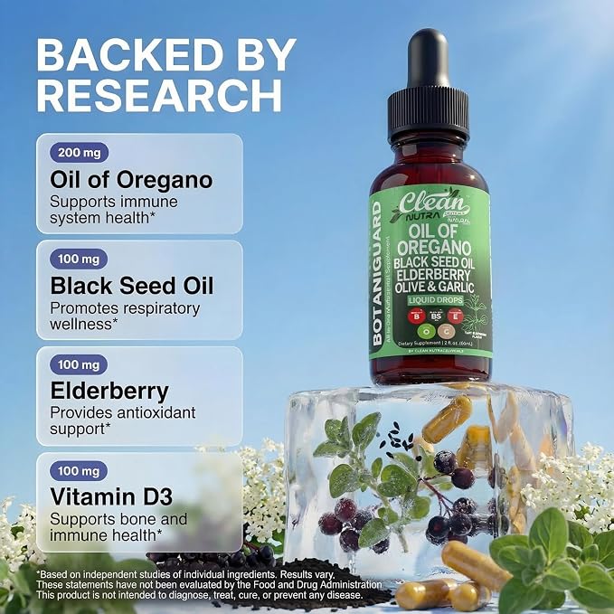 Clean Nutra Oil of Oregano Drops Black Seed Oil Elderberry Vitamin D D3 K2 Olive Garlic Immune Support Supplement Wellness Formula Zinc Supplements Liquid 2 Fl Oz BotaniGuard Vegan, Non-GMO