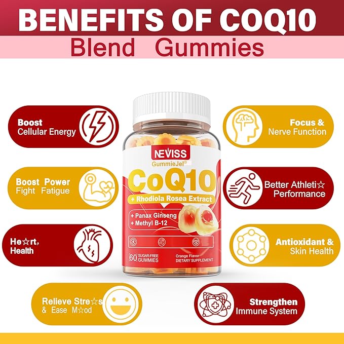 Sugar Free CoQ10 Gummies 200mg/400mg, w/ Methyl B12 1000mcg, B6, Rhodiola Rosea & Panax Ginseng, Ultra Absorption CoQ10 Supplement for Energy, Hear-t Health, Antioxidant & Brain Support,60-Day Supply