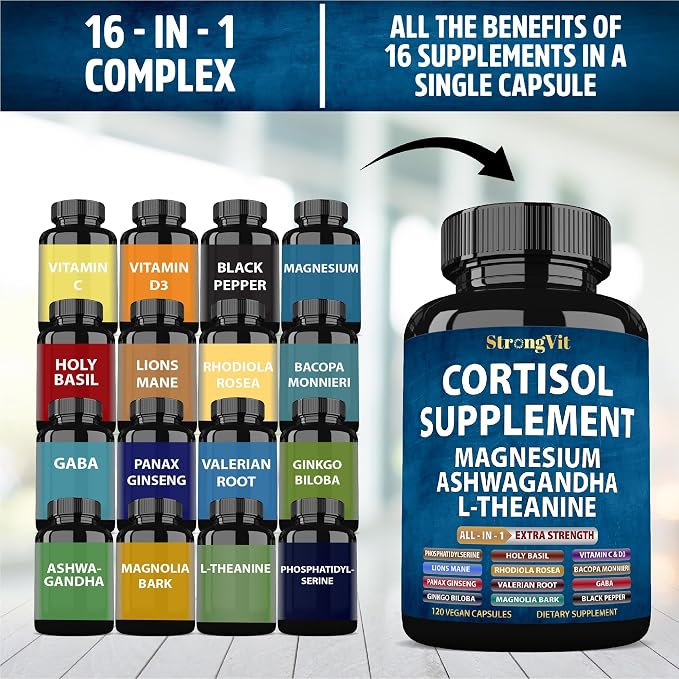 StrongVit Cortisol Supplements for Women and Men with Magnesium, Ashwagandha & L-Theanine. High Cortisol Reducer, Manager, Detox, Lower and Control. Sleep Support & Stress Relief, USA (120 Capsules)