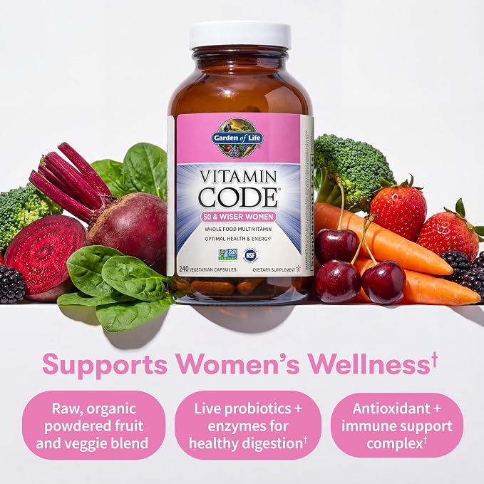 Garden of Life Vitamin Code Multivitamin for Women 50 & Over, 240 Capsules, for Women 50 Plus with B Vitamins, Vitamins A, C, D3, E & K, CoQ10, Probiotics & Enzymes