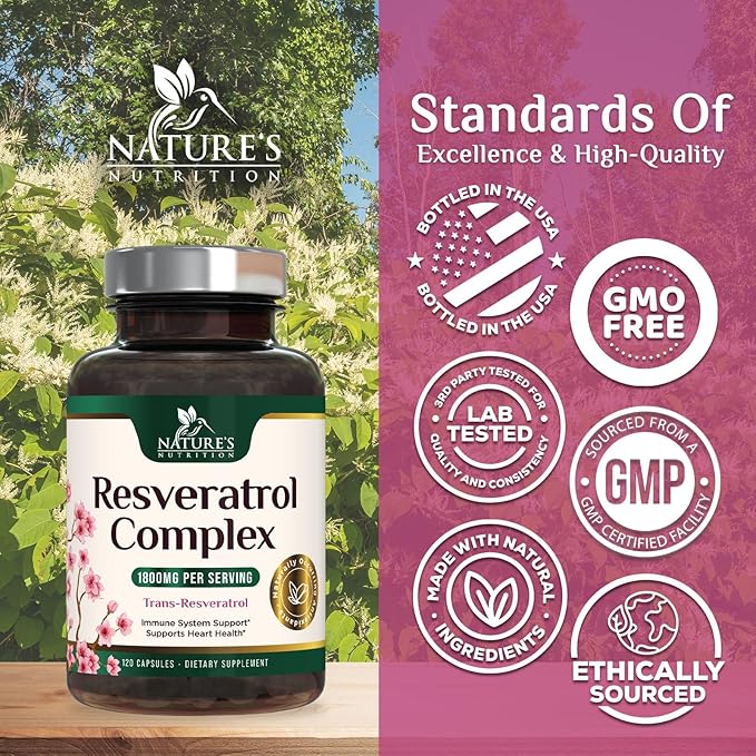 Resveratrol Supplement - 1800mg Per Serving Extra Strength Resveratrol Blend - Antioxidant Blend for Healthy Aging, Heart Health, Cellular Energy & Immune Support - Bottled in USA - 120 Capsules