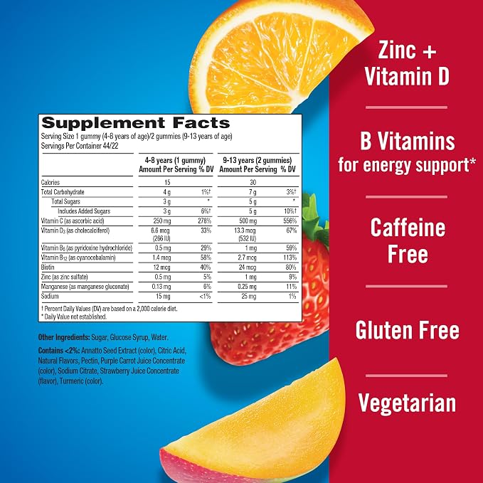 Emergen-C Kidz Vitamin C Immune Support Gummies Fun-Tastic Fruit 44CT Includes Zinc, Manganese, B Vitamins and Vitamin D for Back to School Essentials, (Pack of 2)