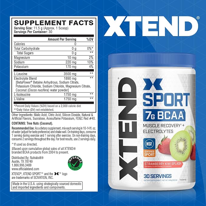 Scivation XTEND Sport BCAA Powder Strawberry Kiwi Splash - Electrolyte Powder for Recovery & Hydration with Amino Acids - 30 Servings,(Pack of 2)