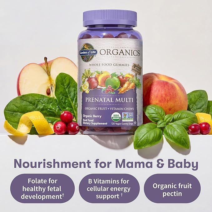 Garden of Life Organics Prenatal Gummies Multivitamin with Vitamin D3, B6, B12, C & Folate for Healthy Fetal Development – Organic, Non-GMO, Gluten-Free, Vegan, Berry Flavor, 30 Day Supply