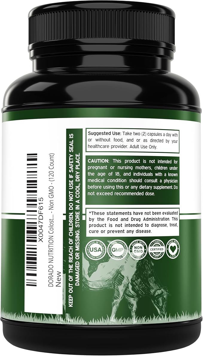 Colostrum Supplement (120 Count) 1000mg Per Serving (Bovine Colostrum Capsules from First Milking Only, Std. to Contain 20% IgG Immunoglobulins) - Grass Fed, No Fillers, Third Party Tested - USA Made