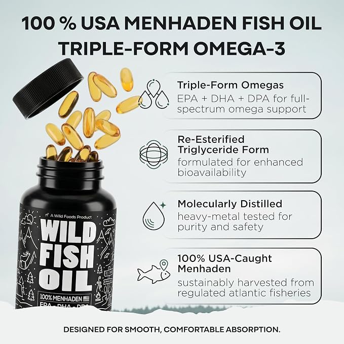 Wild Foods Omega 3 Fish Oil Supplement, 120 Capsules (1 pk) | Wild Caught, Burpless, Odorless, Non-GMO, Gluten Free | DPA, DHA, EPA Triple Strength Heart & Joint Nutrition for Women & Men