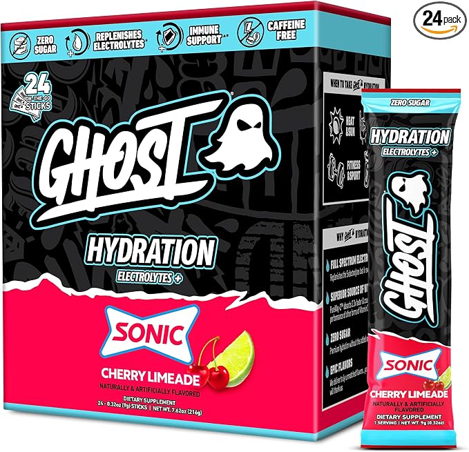GHOST Hydration Sticks, Electrolyte Powder Packets, Sonic Cherry Limeade - 24 Sugar Free Instant Electrolyte Drink Mix - Caffeine-Free Daily Hydration & Immune Support with Clean Formula