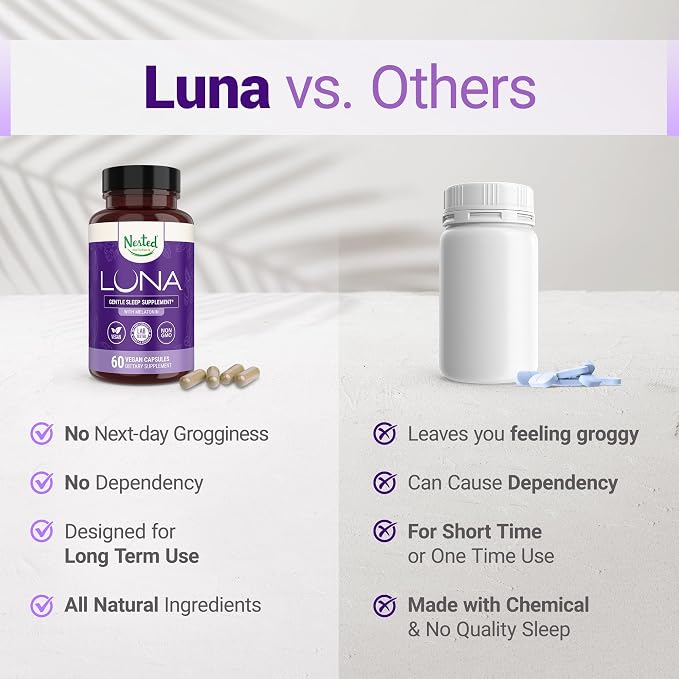 Nested Naturals Luna Sleep Aid - Non-Habit Forming Natural Sleeping Pills for Adults with Naturally Sourced Ingredients - Valerian Root, Melatonin, Chamomile, Lemon Balm, and More - 120 Vegan Capsules