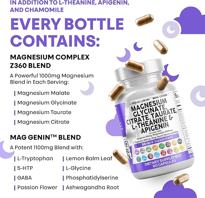 Clean Nutraceuticals Magnesium Glycinate Complex 1000mg with L-Theanine 200mg Apigenin 50mg Citrate Taurate Supplement (60 Count (Pack of 2))