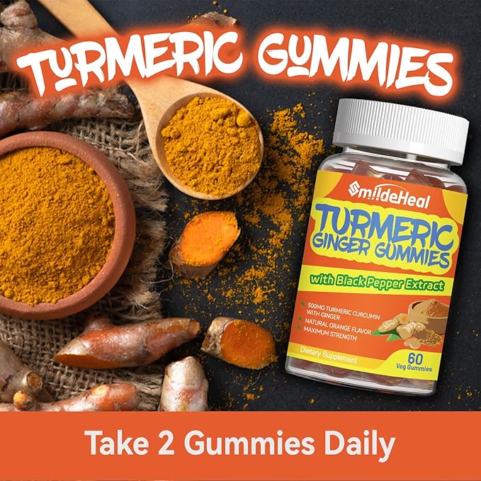 Turmeric Curcumin Gummies 500mg, with Turmeric Root Extract, Ginger Root, Black Pepper Extract, Antioxidant Support, Orange Flavor Gummies, 60 Count (Pack of 2)