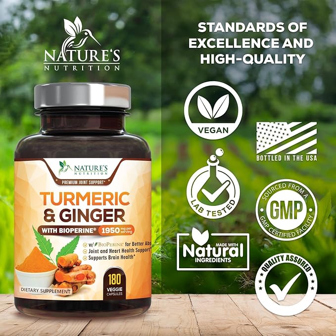 Turmeric Curcumin Supplement - 95% Curcuminoids with Organic Turmeric & Ginger, BioPerine Black Pepper Extract for Best Absorption, Natural Vegan Joint Support, Non-GMO, Bottled in USA - 180 Capsules