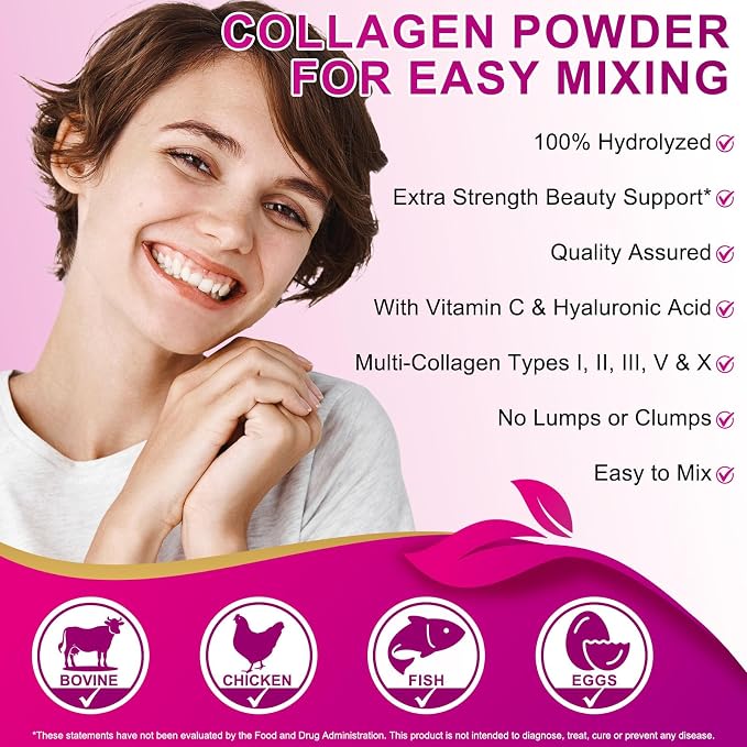Multi Collagen Peptides Powder,Type I, II, III, V, X,with Biotin,Vitamin C,Hyaluronic Acid,Supports Healthy Joint, Hair, Skin & Nail Support,Grass-Fed, Non-GMO,16oz