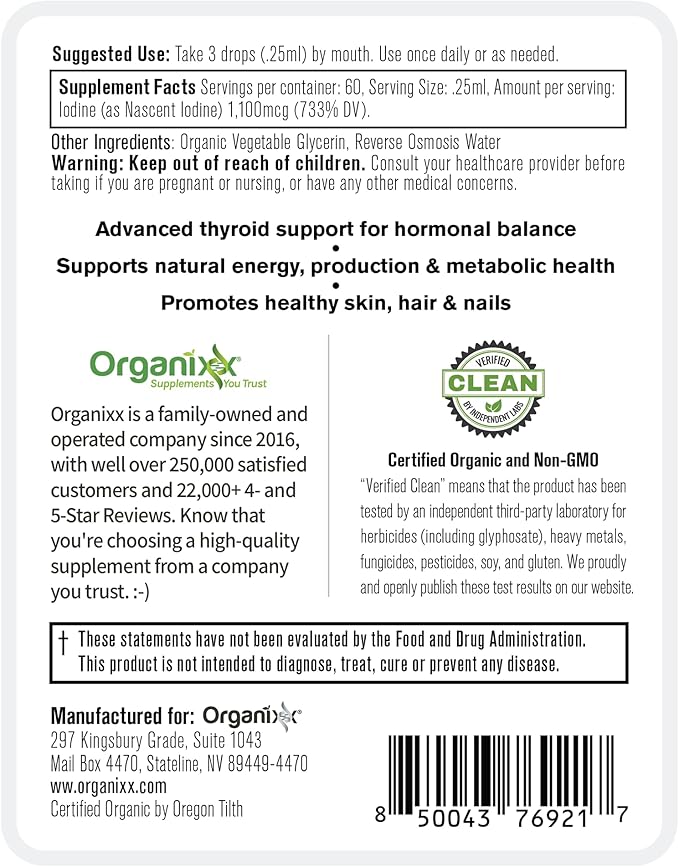 Organixx Iodine Supplement, Organic Nascent Liquid Drops, Pure Iodine Concentrate for Men and Women, Gluten Free, Vegan, Non GMO, American Made, 15 ML, 60 Servings