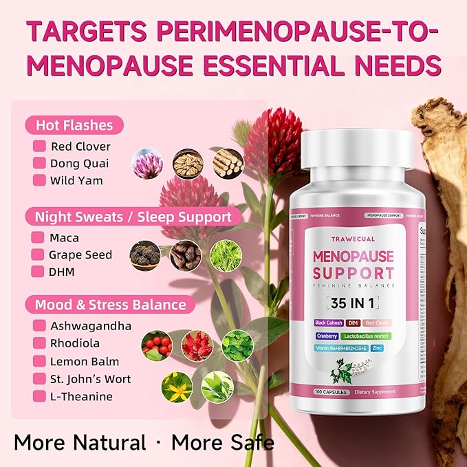 Menopause Supplements For Women, 400mg Black Cohosh & 200mg DIM for Hot Flashes, Night Sweats Relief & Hormone Balance, 35-in-1 with Probiotics, Ashwagandha & Red Clover, 100 Capsules/50-Day Supply