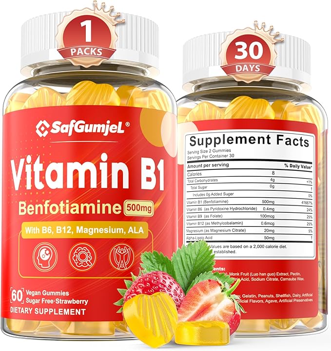 Vitamin B1(Benfotiamine) Gummies 500mg – B1 B6 B12 Vitamins with Magnesium for Energy Metabolism, Healthy Nervous System – Chewable B Complex for Adults & Kids - Vegan, Sugar Free, 60 Ct