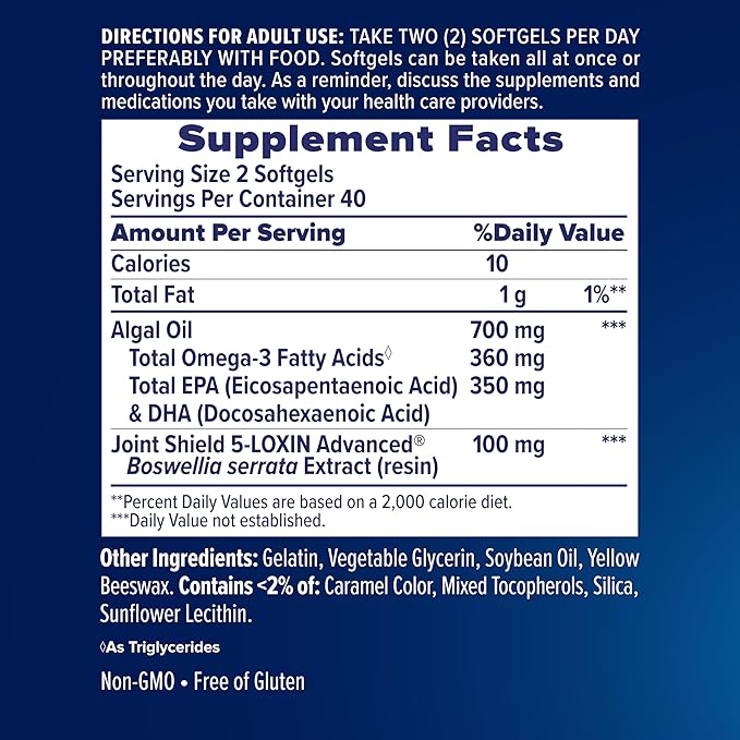 Osteo Bi-Flex Advanced Omega-3 Joint Complex Algae Oil Plant-Based Supplement, Improve Joint Function, Strength, Flexibility, Mobility 80 Softgels