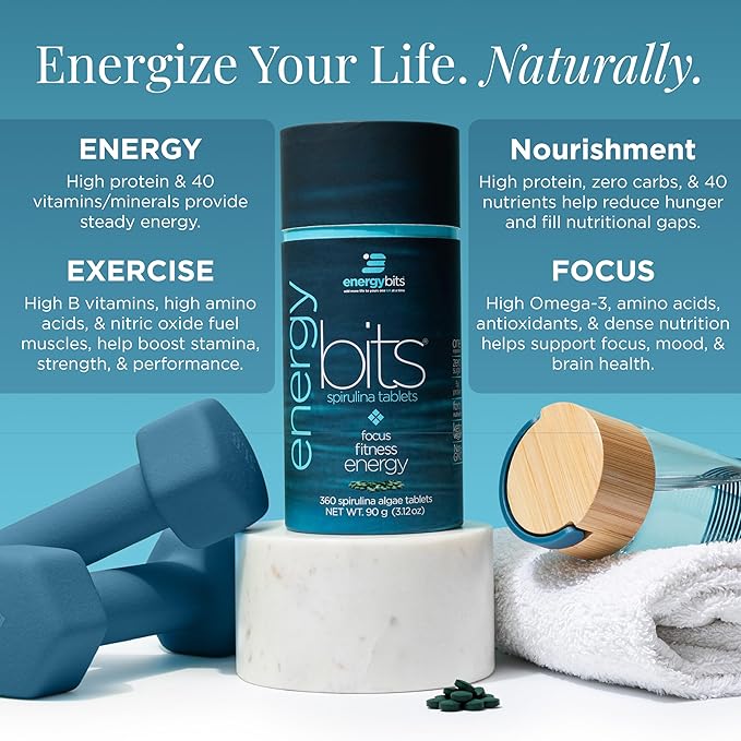 ENERGYBITS - Organic Spirulina Tablets - Plant-Based Algae Superfood - for Focus, Fitness, Energy - Plant Protein - Gluten Free - Collagen, Vitamin B12, Omega 3 - Keto & Vegan - 1000 Algae Tablets