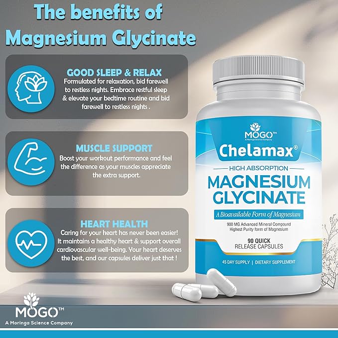 Chelamax Magnesium Glycinate.Dead Sea Sourced, 100% Chelated Magnesium for Sleep Support, Muscle Cramps, Bone Health. Made in USA, 3rd Party Tested,Heavy Metal Free,Glicinato de Magnesio Capsules.