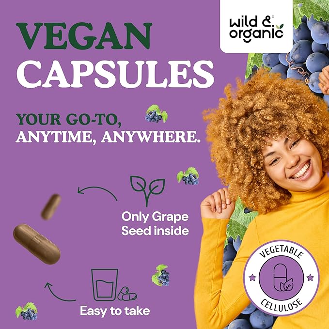 Wild & Organic Grape Seed Extract Capsules - Antioxidant Support - Grapeseed Extract 400 mg - 95% Polyphenols - 120 Vegan Capsules - 4 Month Supply - Non-GMO