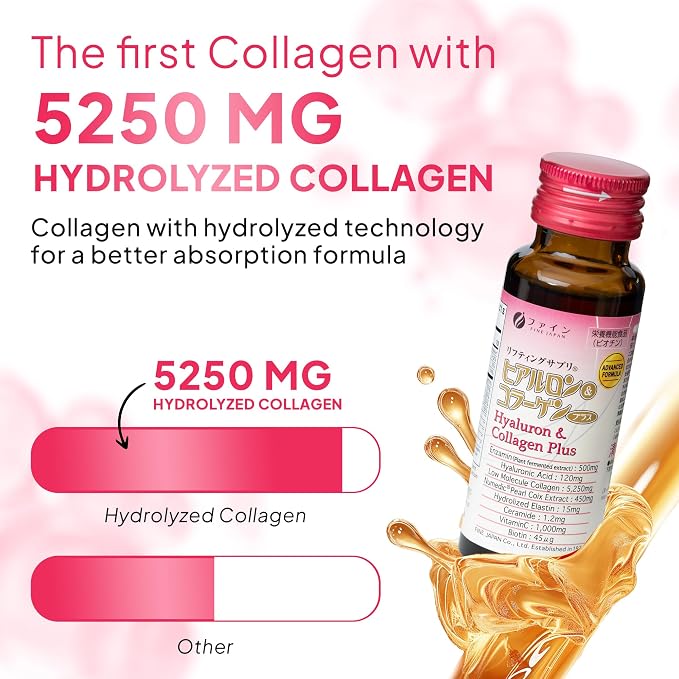 FINE JAPAN Hyaluron & Collagen Plus – Liquid Collagen Supplement with Vitamin C, Hyaluronic Acid, Pearl Coix, Supports Skin Hydration, Elasticity, Hair & Nail Health – Made in Japan, 17 fl oz