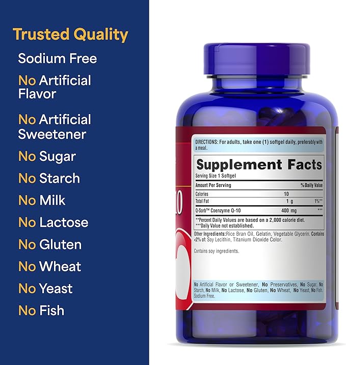 Puritan's Pride Coenzyme CoQ10 400mg, Dietary Supplement for Heart Health, Blood Pressure, Oral Gum Health, and Healthy Aging Support, 120 Day Supply, Rapid Release Softgels