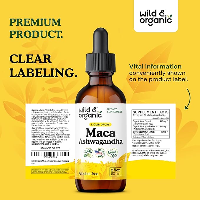 Wild & Organic Maca Ashwagandha Drops for Men and Women - Peruvian Maca Root and Ashwagandha Tincture for Overall Support - Vegan, Sugar & Alcohol-Free Extract Supplement - 2 fl oz