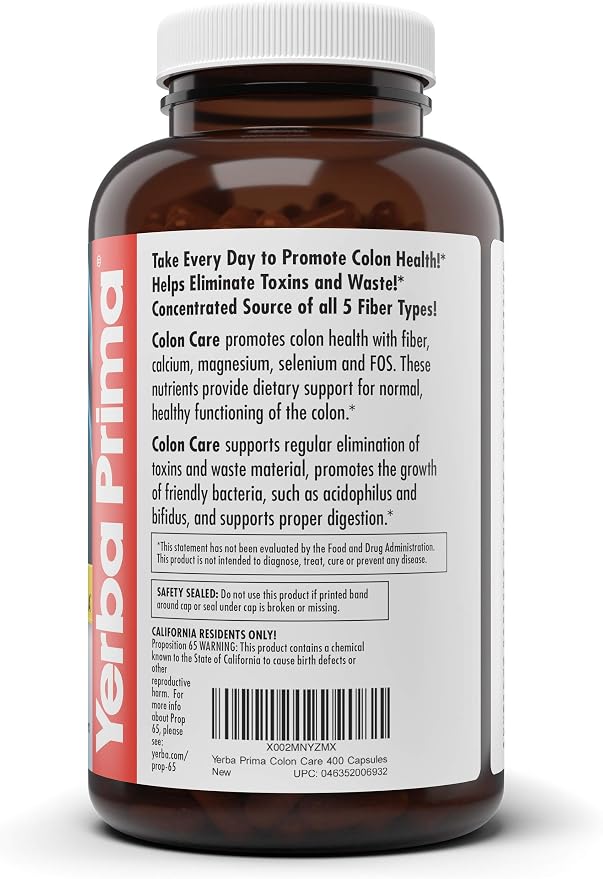 Yerba Prima Prebiotic Colon Care Capsules, 400 Caps - Five Forms of Fiber Plus FOS Pre-biotics - Dietary Health Supplement - Healthy Soluble & Insoluble Fibers for Regularity & Digestive Support
