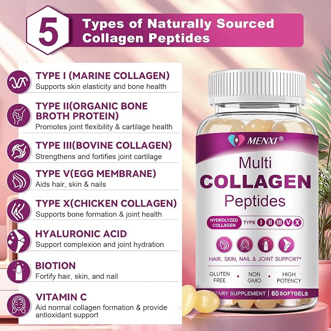 Multi Collagen Peptides Softgel for Women & Men - Type I, II, III, V, X - Hydrolyzed Collagen Peptides with Biotin, Vitamin C & Hyaluronic Acid - Support Skin Hair Nail & Joint - Non GMO, 240 Softgel