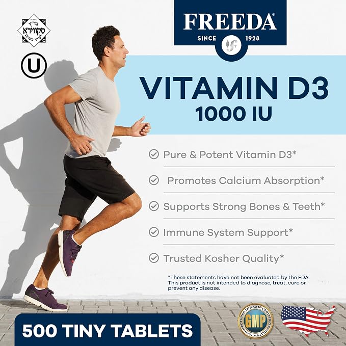 FREEDA Pure Vitamin D3 1000 IU – Daily Maintenance Dose – Bone Health, Joint, Muscle & Immune Support – Vit D3 Vitamin D Supplement for Women & Men – 25 mcg 1,000 IU Easy-to-Swallow (500 Tiny Tablets)