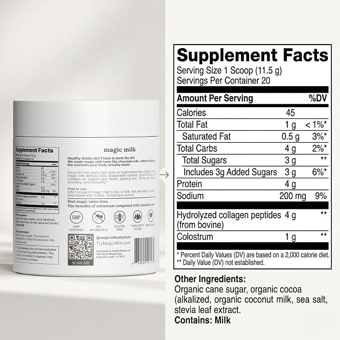 Magic Milk - New Zealand Grass-Fed Colostrum & Collagen | Supports Gut Health, Immunity, & Muscle Recovery | Bioactive Nutrients for Skin & Hair Health | Chocolate Milk Flavor | 20 Servings