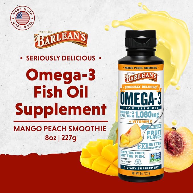 Barlean's Omega 3 Fish Oil Liquid Supplement with Vitamin D for Men and Women, 1080mg of EPA and DHA Fatty Acid, Promotes Brain & Heart Health - Non-GMO, Mango Peach, 8 oz
