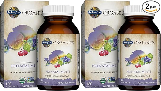 Garden of Life Organics Women’s Prenatal Multivitamin with Vitamin D3,B6,B12,C & Iron,Folate for Energy & Healthy Fetal Development – Organic,Non-GMO,Gluten-Free,Vegan,60 Day Supply,(Pack of 2)