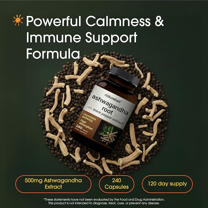 NatureBell Ashwagandha Root with Black Pepper Extract - 240 Capsules - High Strength Adaptogen for Calmness, Relaxation & Immune Support*
