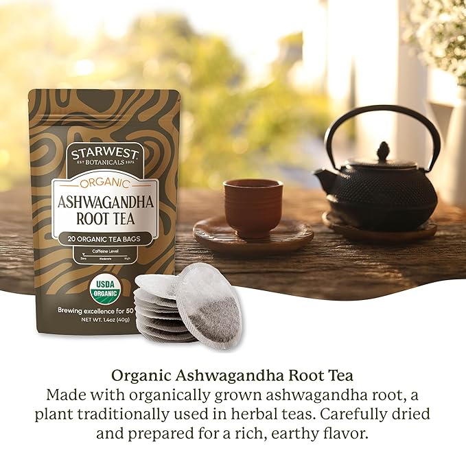 Starwest Botanicals Organic Ashwagandha Tea - Caffeine Free Herbal Tea, String Free Sachets, USDA Organic Ashwagandha Root, Non GMO - 20 Bags