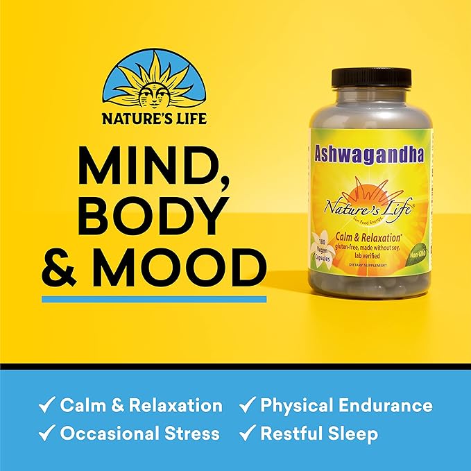 Nature's Life Ashwagandha Capsules 2,100 mg, Pure Ashwagandha Root Extract for Relaxation, Occasional Stress Relief, and Sleep Support, Vegan Ashwagandha Supplements, 45 Servings, 180 Capsules