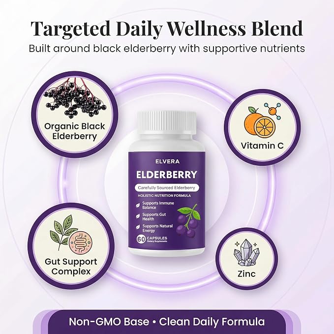 Elderberry - EIvera Gut Support Complex, Organic Black Elderberry Capsules, with Zinc & Vitamin C for Digestive Balance, Immune Support (1)