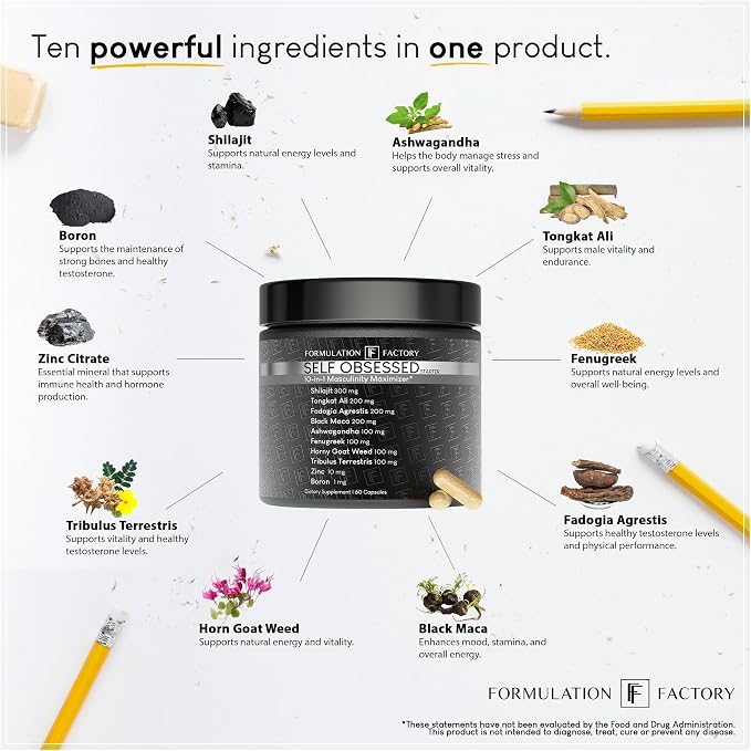 Formulation Factory Self Obsessed Masculine Vitality & Testosterone Support - 10-in-1 Complex with Shilajit, Tongkat Ali, & Fadogia Agrestis - 60 Capsules, 1 Month Supply