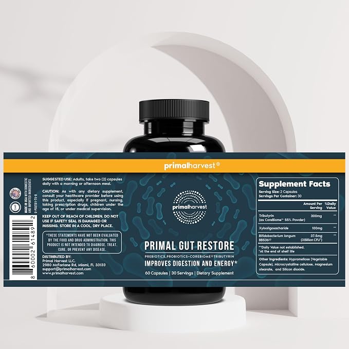 Primal Harvest 2 Pack, Restore for Gut Health, Primal Gut Restore w/POSTbiotics, PREbiotics and PRObiotics for Women and Men, 60 CT - Digestion, Colon Cleanse, Helps Leaky Gut Repair