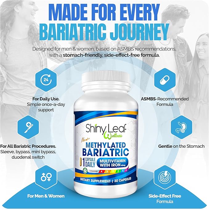 Shiny Leaf Methylated Bariatric Multivitamin with Iron 45mg – Once Daily Capsule, ASMBS Compliant Bariatric Vitamins for Gastric Bypass & Gastric Sleeve, for Men & Women, USA Made, GMP – 30 Caps