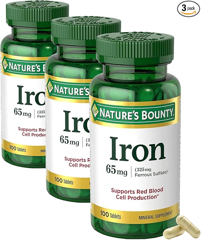 Nature’s Bounty Iron 65mg,325 mg Ferrous Sulfate,Cellular Energy Support,Promotes Normal Red Blood Cell Production,1 Serving Per Day,Gluten Free,100 Vegetarian Tablets,(Pack of 3)