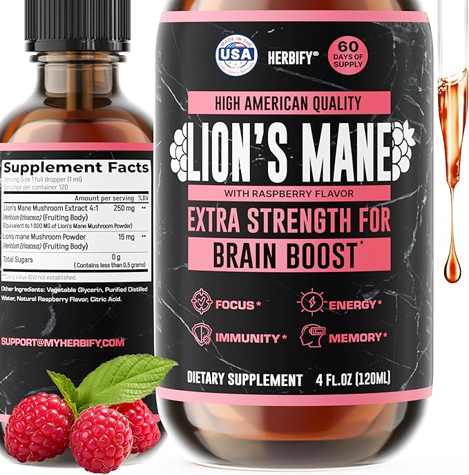 HERBIFY Lions Mane Supplement - Daily Mushroom Supplement for Memory, Focus & Clarity - Brain Booster - Lions Mane Tincture for Natural Immune Support - 4 Fl Oz Raspberry Flavor
