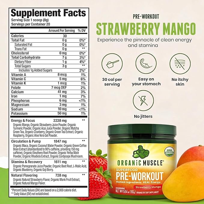 Organic Muscle Organic Pre Workout Powder, Strawberry Mango — USDA Organic Superfood Blend | Maca, Beet Root, Cordyceps, Rhodiola | 150mg Natural Caffeine, Vegan, No Jitters, 20 Servings