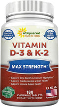 aSquared Nutrition Vitamin D3 with K2 Supplement-180 Chewable Tablets, Max Strength D-3 Cholecalciferol & K-2 MK7 to Support Healthy Bones, Teeth, Heart -Antioxidant D3 & K2 MK-7 Energy Formula Adults