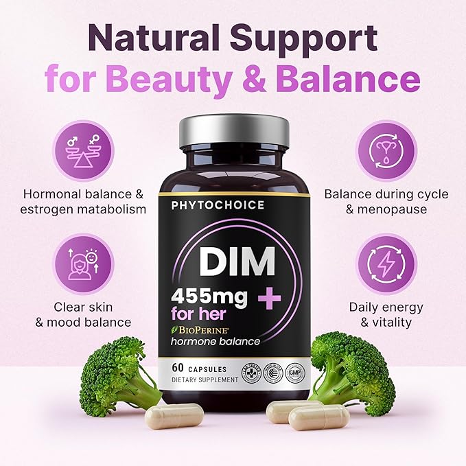 DIM for Women 350mg High Potency with BioPerine® & Broccoli Extract – 455mg Total Complex for Hormone Balance, Estrogen Metabolism, PMS & Menopause Support, Clear Skin & Women’s Wellness, 60 Capsules