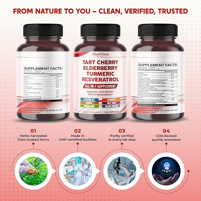 Tart Cherry Elderberry Turmeric Resveratrol - Rich in Antioxidants, Support Joint Health