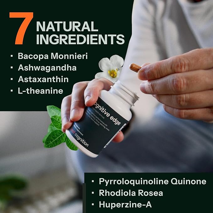 Cognitive Edge Bacopa Memory Supplement - Calm Focus, Daily Clarity & Retention - 7 Natural Ingredients Including L-Theanine, Ashwagandha, PQQ, Astaxanthin - Caffeine-Free Brain Support (60 Capsules)