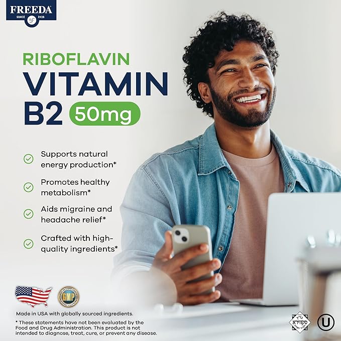 FREEDA Riboflavin Vitamin B2 Tablets – 50mg – Optimized Dose for Energy & Nervous System Support – Kosher, Vegan, GF B2 Vitamins Supplement – VIT B 2 for Brain & Metabolism (100 Ct)