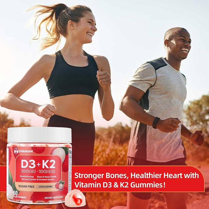 Vitamin D3 K2 Gummies w/Magnesium Sugar Free - 60 Count | D3 Vitamin 5,000 IU + K2(MK-7) 100 mcg - Vegan K2 D3 Vitamin Supplement, Highly Absorbent Supports Bone, Muscle, Mood & Immune(Lychee Flavor)