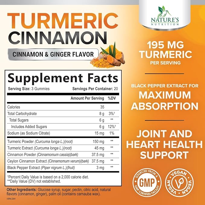 Turmeric Curcumin Supplement Gummies - 95% Curcuminoids with Turmeric Ginger, Black Pepper for Best Absorption, Nature's Vegan Joint Support, Non-GMO, Gluten Free, Tasty Cinnamon Flavor - 60 Gummies