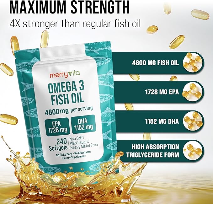 Omega 3 Fish Oil 4800 mg – EPA 1728 mg | DHA 1152 mg from Wild-Caught Anchovies – Burpless Mini Softgels – Pure Omega-3 Fatty Acid Supplement – Non-GMO, Gluten-Free, No Aftertaste – 240 Capsules